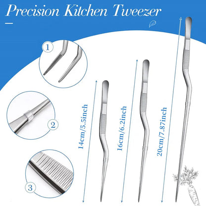 3 Sizes Stainless Steel Precision Kitchen Chef Tongs Tweezers for Food Cooking Picnic Barbecue Cake Decorating 14cm 16cm 20cm