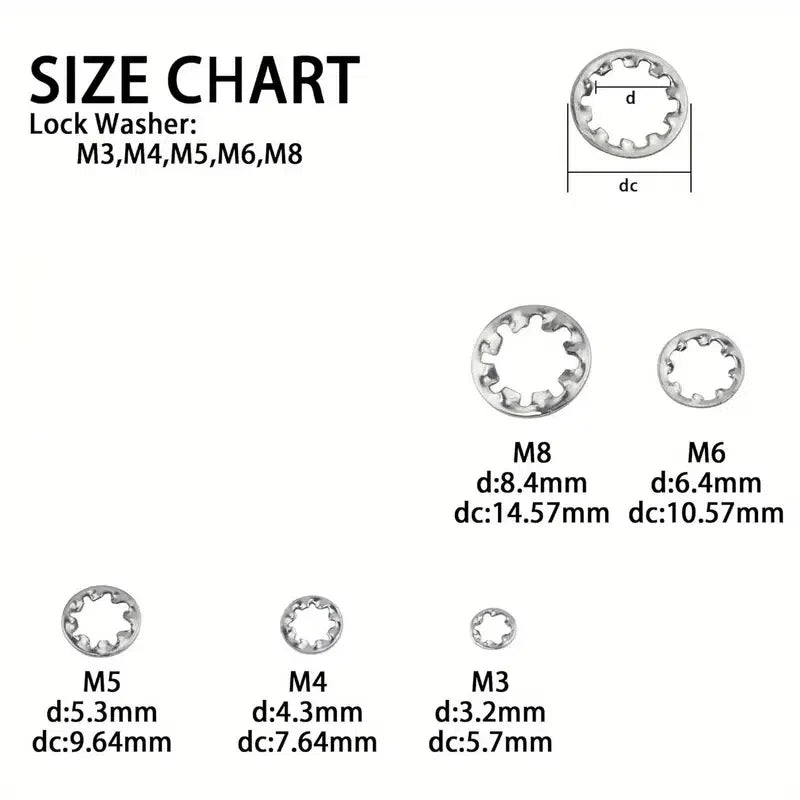 150pcs Assorted External & Internal Toothed Serrated Lock Washers M3-M8 Stainless Steel 304 A2-70 Set for Hardware