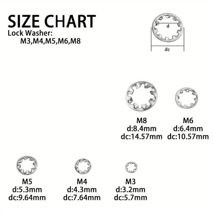 150pcs Assorted External & Internal Toothed Serrated Lock Washers M3-M8 Stainless Steel 304 A2-70 Set for Hardware