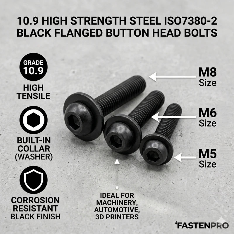 ISO 7380-2 10.9 Grade High Tensile Black Carbon Steel Button Head Hex Socket Screw with Flange M5 M6 M8 Collared Bolt
