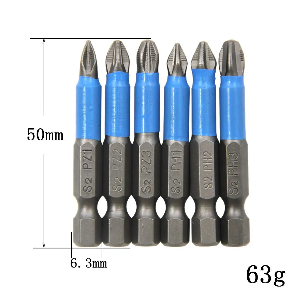 6Pcs Hex Shank Screwdriver Bit Set PH1 PH2 PH3 PZ1 PZ2 PZ3 S2 Steel Anti Skid Cross Head for Woodworking Repair