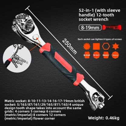 52 in 1 Tools Socket Works Universal Ratchet Spline Bolts Sleeve Rotation Hand Tools 360 Degree Multipurpose Tiger Wrench
