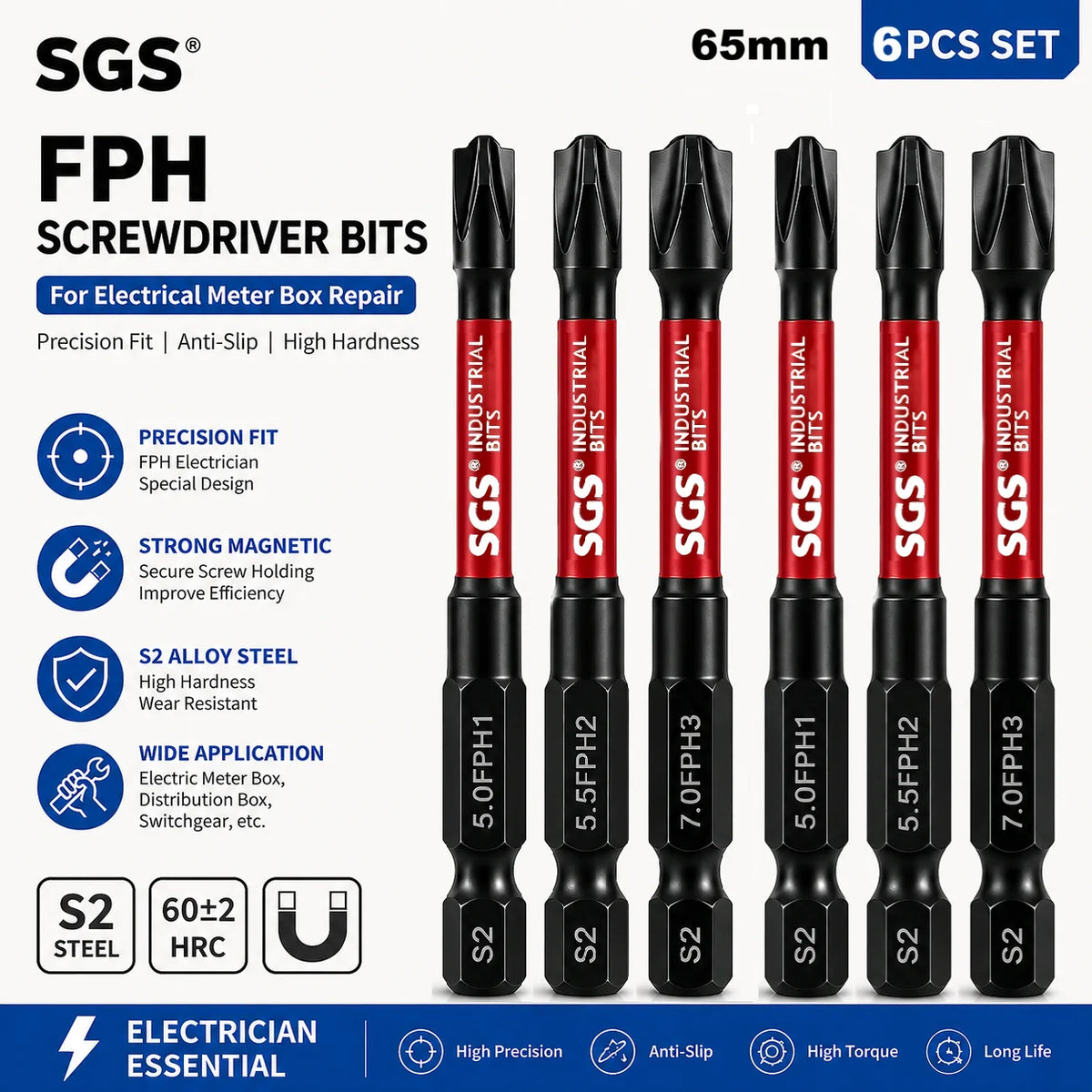 FPH Electrician Screwdriver Bit Set 65mm Magnetic S2 Steel Driver Bits for Meter Box Distribution Cabinet Circuit Breaker Electrical Equipment Repair