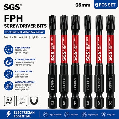 FPH Electrician Screwdriver Bit Set 65mm Magnetic S2 Steel Driver Bits for Meter Box Distribution Cabinet Circuit Breaker Electrical Equipment Repair