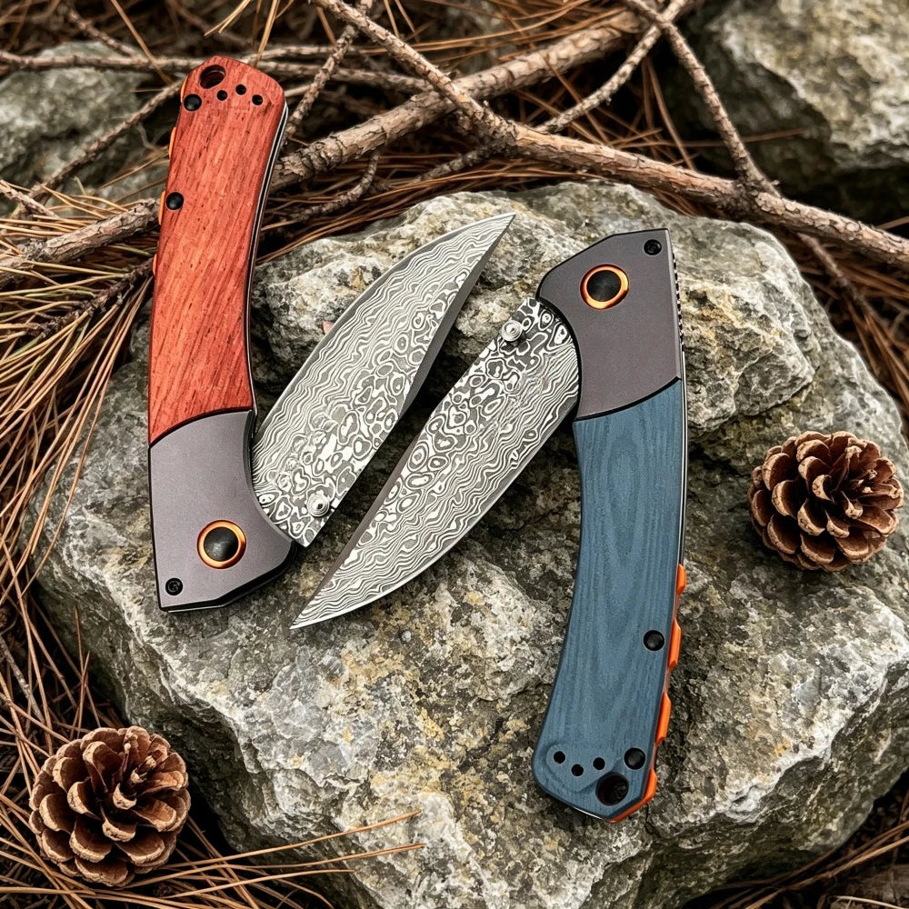 15080 Folding Knife Damascus Steel Blade Portable Pocket Knife Outdoor Camping Fishing Wild Exploration Practical Fruit Knife