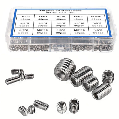 440-Piece Set of Set Screws M3 M4 M5 M6 M8 - for Furniture Cabinet Handles, Concealed Fasteners, Automotive Electronics