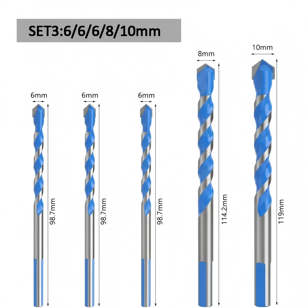 Blue Multifunction Carbide Masonry Drill Bit,Triangle Shank Tile & Concrete Drill Bits for Ceramic, Brick, Glass & Wood Drilling