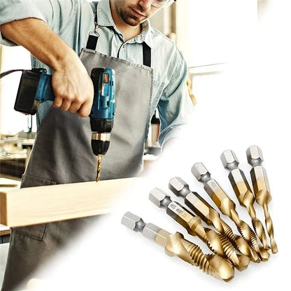 6Pcs 1/4" Hex Shank Titanium Drill Tap Combination Bit Set,  Metric Thread M3 M4 M5 M6 M8 M10 Taps Tool