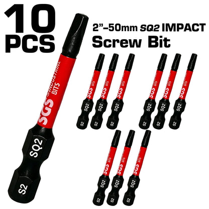 5/10 Pieces Pack 50mm Sq2 Square Head Impact Bits S2 Steel High Hardness Magnetic Anti-Slip Bits for Woodworking and Decoration