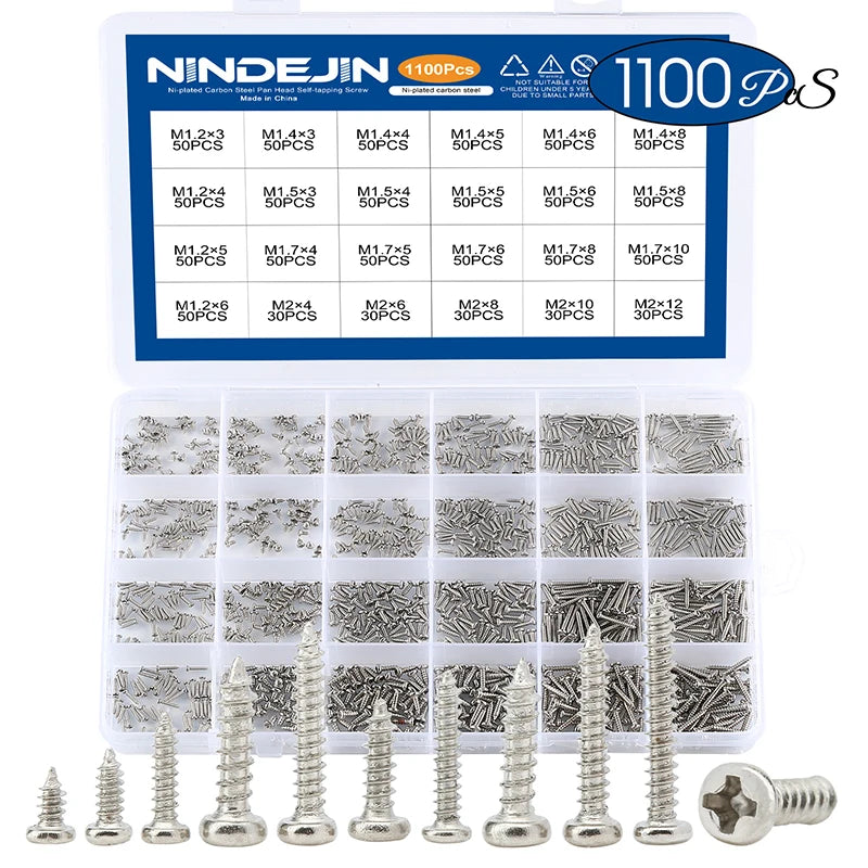 1100pcs Round Pan Head Tapping Screws Set M1.2 M1.4 M1.5 M1.7 M2  Mini Screw laptop computer screw Phillips Screw kit