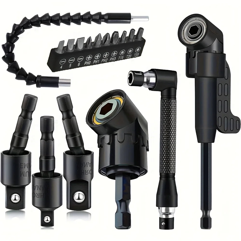 17pcs Flexible Drill Bit Extension, Include 3pcs Rotatable Socket Adapter 2pcs Hex Shank 105° Right Angle Drill Attachment 10 Sh