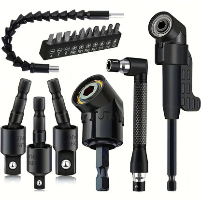 17pcs Flexible Drill Bit Extension, Include 3pcs Rotatable Socket Adapter 2pcs Hex Shank 105° Right Angle Drill Attachment 10 Sh