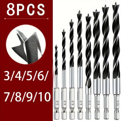 8PCS-3/4/5/6/7/8/9/10mm 1/4Hexagonal Handle Three-Point Positioning Woodworking Drill Bit