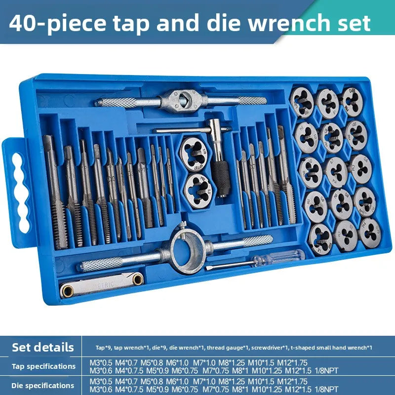 Manual Tap and Die Set with Drill Bits Reamers and Handle Tools for Thread Cutting DIY Hardware Kit Durable Steel