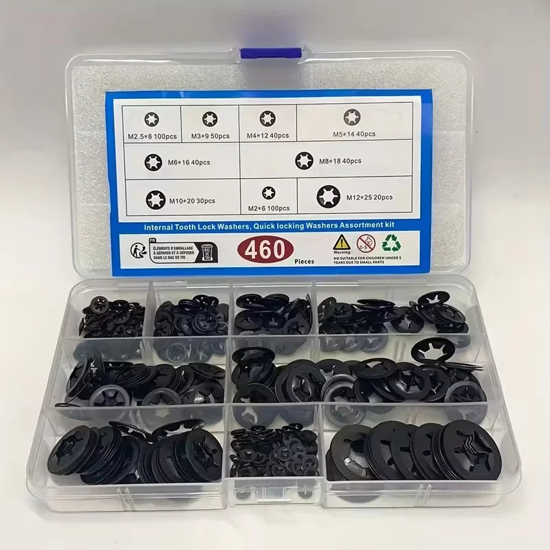 460pcs Internal Tooth Star Lock Washers in 9 Sizes Quick Lock Washers Push Nuts Speed Clamps Fastening Hardware Combination Kit