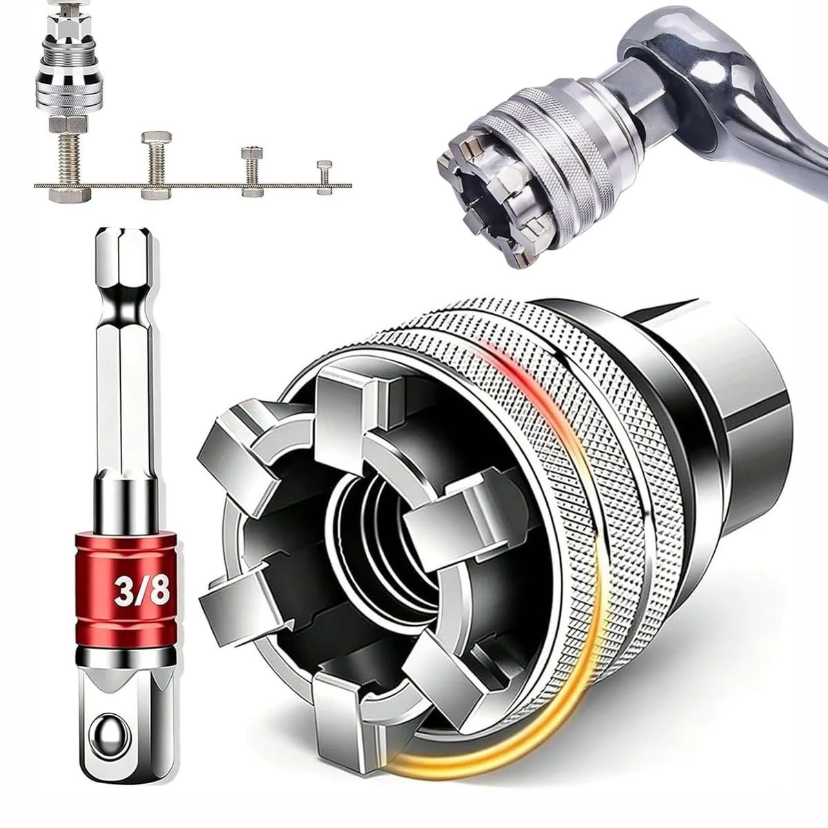 Universal Socket Tool 10-19mm (3/8"-3/4") with 3/8" Drill Adapter, Pass-Thru Socket Set for Mechanical Repair