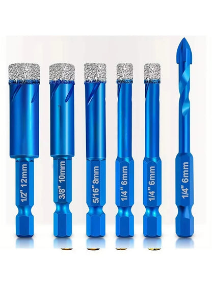 6Pcs Dry Drill Core Bit Set Spiral Groove Brazed Drill Bit Hex Shank Hole Saw for Ceramic Tile Granite Marble