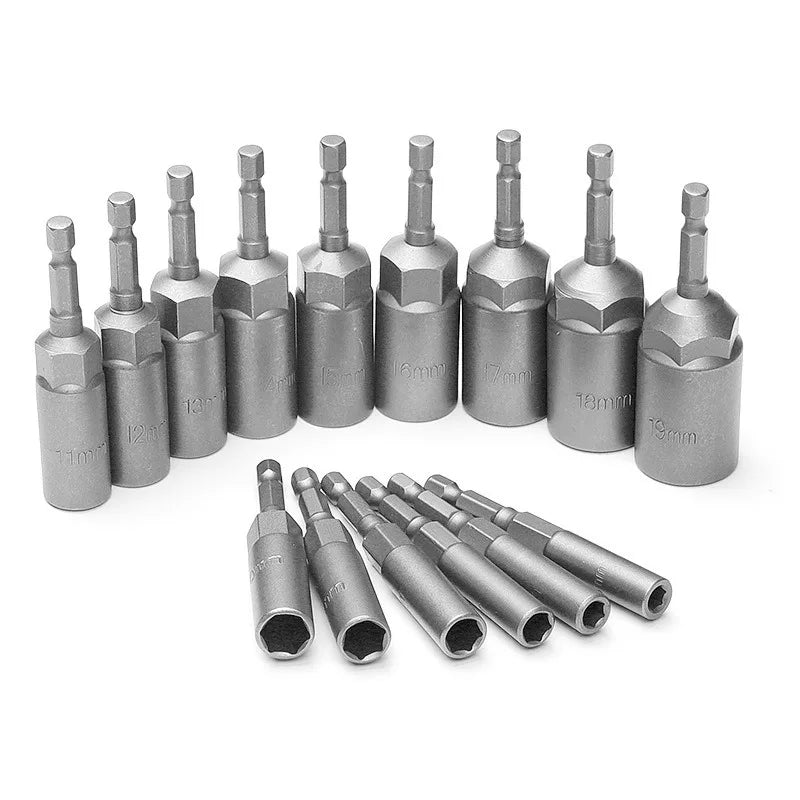 80mm Length Deepen Power Nut Driver Drill Bit Set 5.5-19MM Impact Socket Adapter For Power Tools 6.35MM Hex