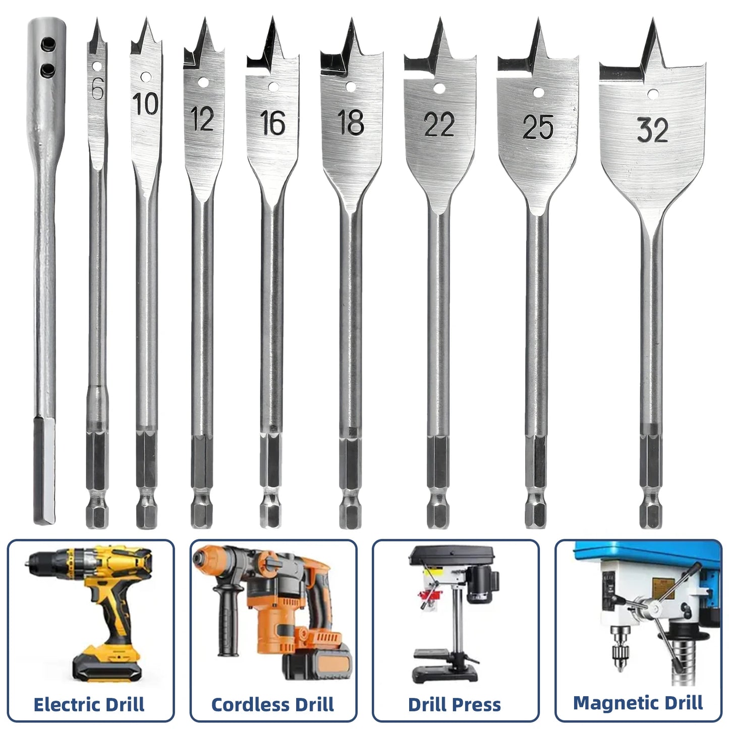 10PCS High Carbon Steel Spade Drill Bit Set, 6-32mm Hex Shank Wood Boring Bits with Extension Rod & Hex Key