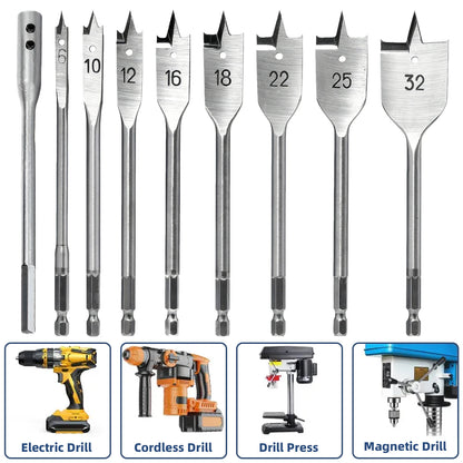 10PCS High Carbon Steel Spade Drill Bit Set, 6-32mm Hex Shank Wood Boring Bits with Extension Rod & Hex Key