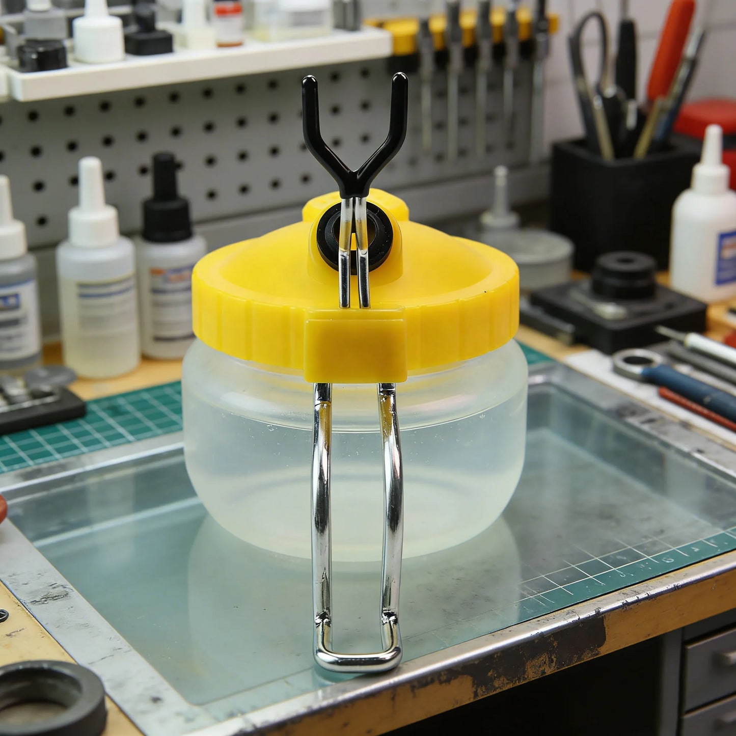 Airbrush Cleaning Pot Stand, Paint Storage Tray, Glass Reservoir Jar, Filter Cotton, and Airbrush Cleaning Tools