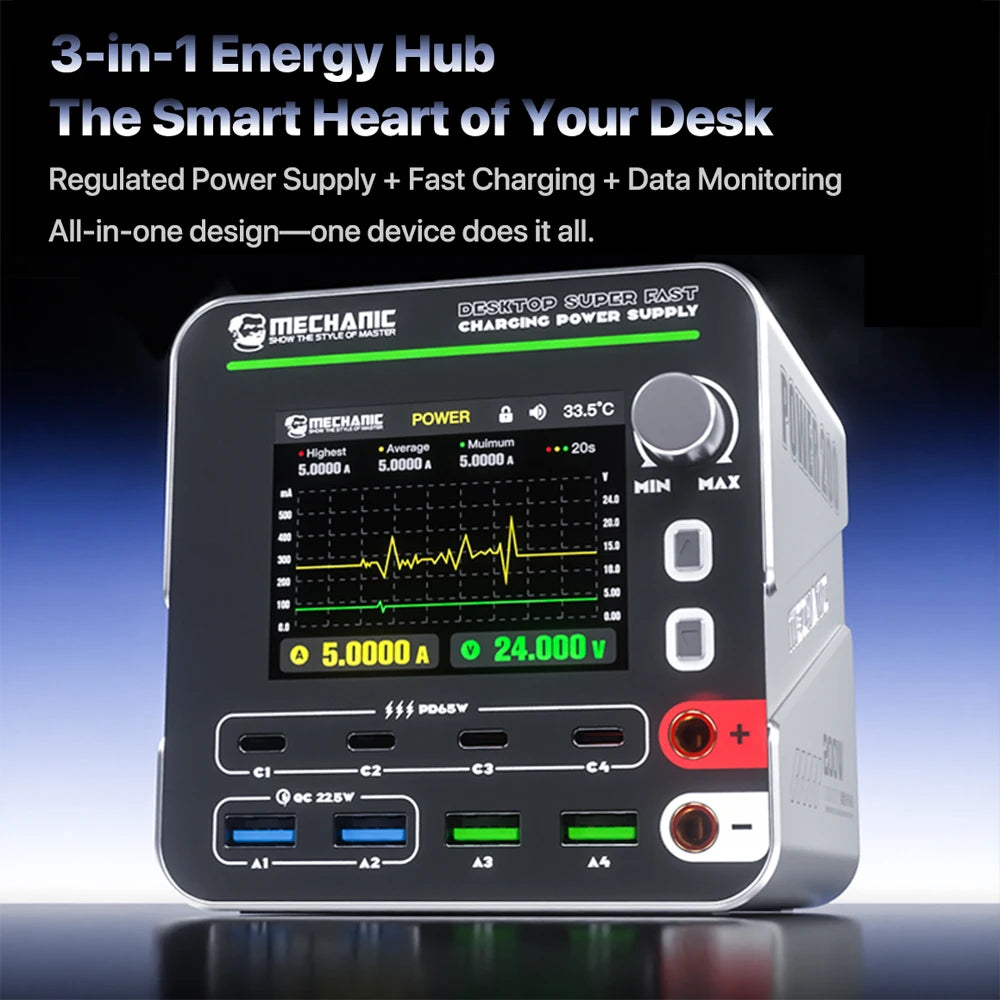 MECHANIC Power 200 Multi-Port Fast Charger+Adjustable Power Supply 200W for Smartphone Tablet Repair Fast Charging Testing Tools