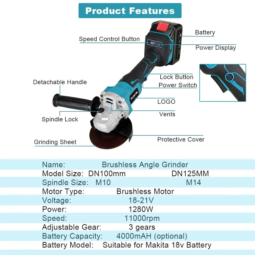 125/100mm  Angle Grinder Brushless Variable 3-Speed  Lithium-Ion Grinding Cutting Machine Polisher Power Tool For Makita Battery