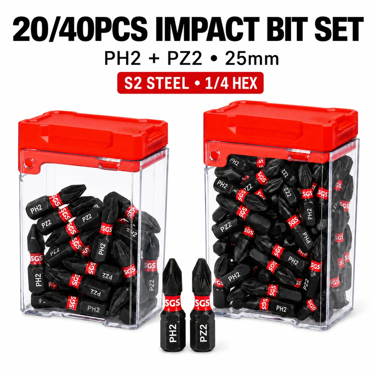 20/40PCS 25mm PH2 PZ2 Impact Screwdriver Bit Set S2 Steel Magnetic Phillips Pozidriv Bits 1/4 Hex Shank for Impact Driver Power Drill with Storage Box