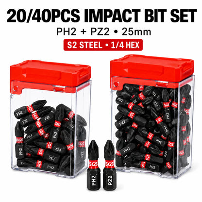 20/40PCS 25mm PH2 PZ2 Impact Screwdriver Bit Set S2 Steel Magnetic Phillips Pozidriv Bits 1/4 Hex Shank for Impact Driver Power Drill with Storage Box