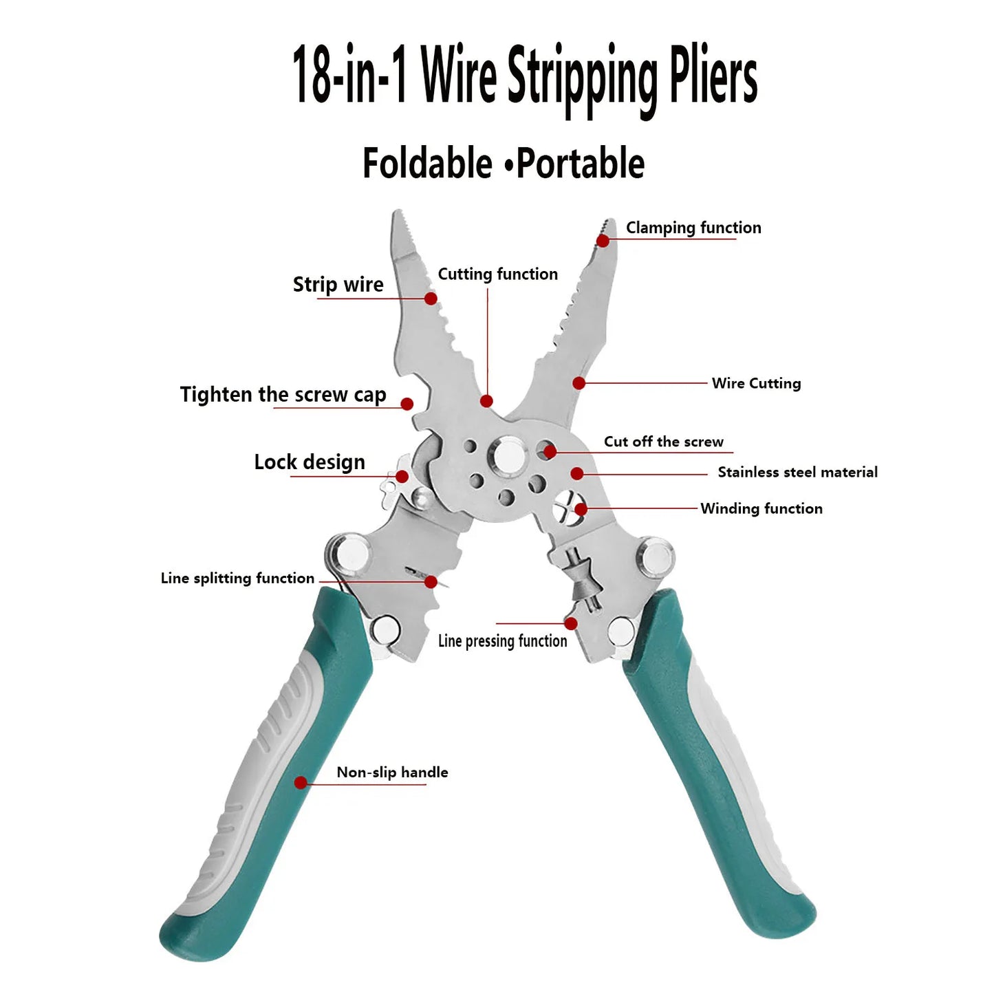 Foldable wire stripper, pulley design multi-function electrician wire splitter wire winding pliers crimping pliers hand tool