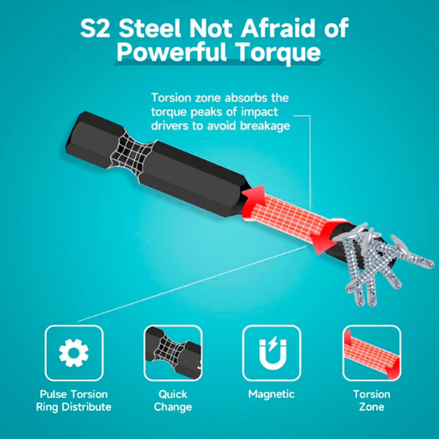 5/10 Pieces Pack 50mm Sq2 Square Head Impact Bits S2 Steel High Hardness Magnetic Anti-Slip Bits for Woodworking and Decoration