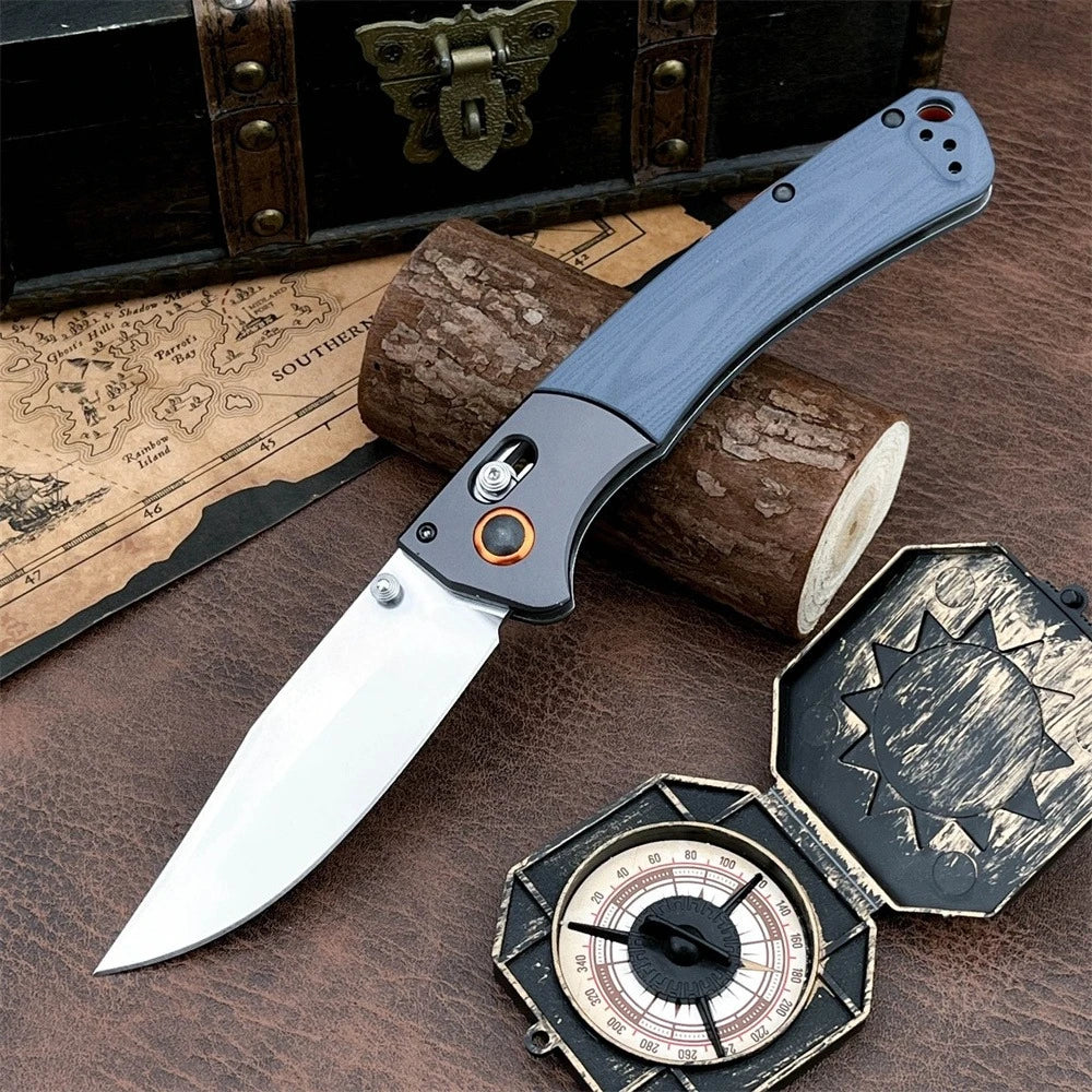 Damascus Steel Folding Pocket Knife BM 15080 with Wood & Blue G10 Handle Heavy-Duty Outdoor Cutting Tool for Daily & Outdoor Use