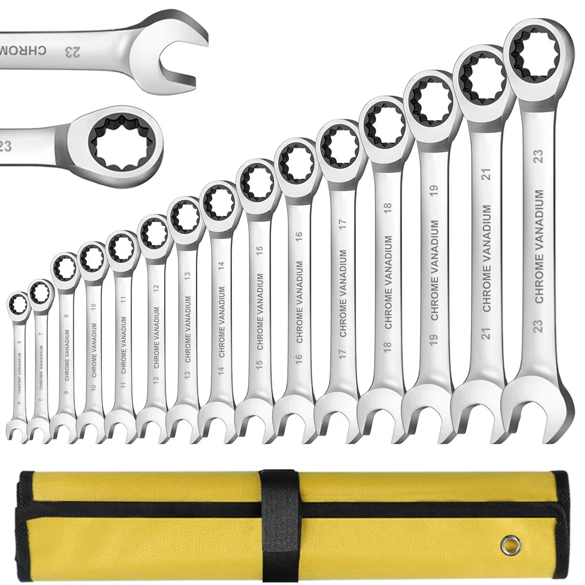 WEELEE Ratcheting Combination Wrench Set, Metric 6-19mm Auto Repair Key Wrenches,Spanner with Rolled Cloth Bags