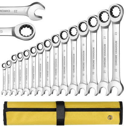 WEELEE Ratcheting Combination Wrench Set, Metric 6-19mm Auto Repair Key Wrenches,Spanner with Rolled Cloth Bags