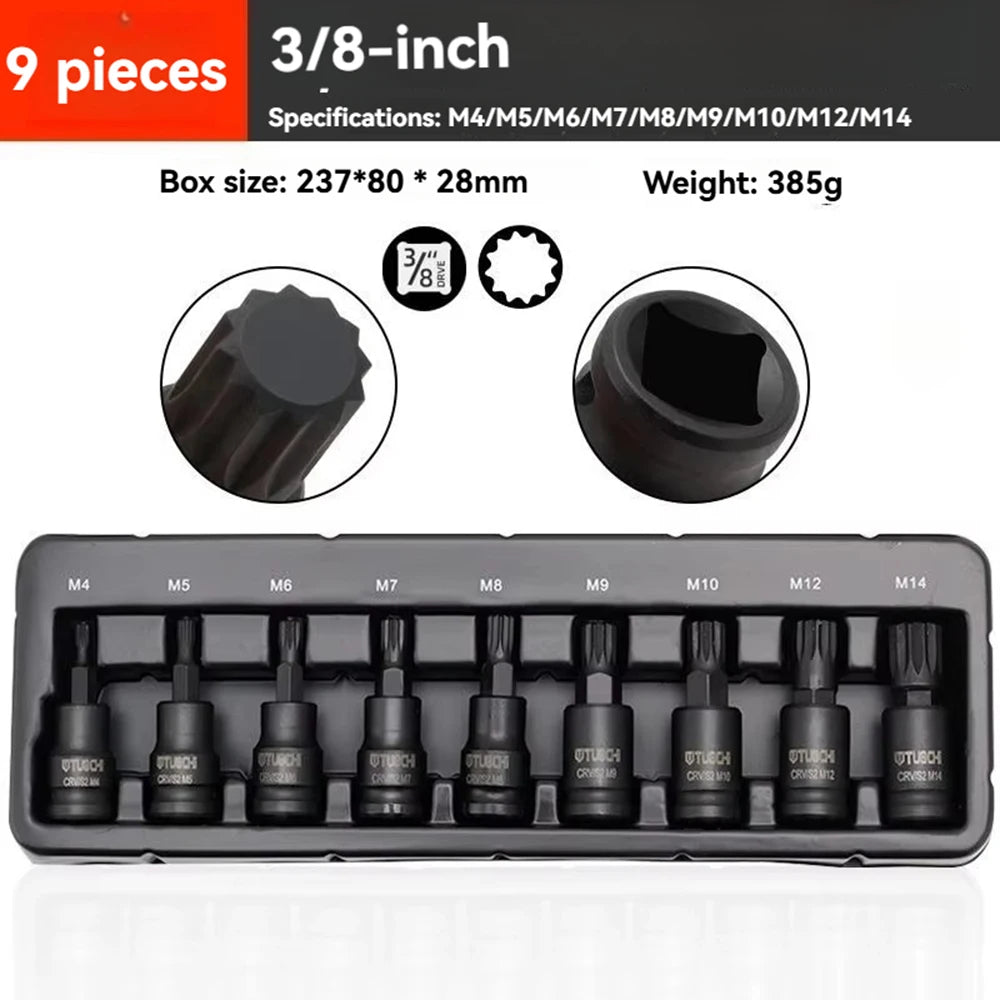3/8 Inch Hexagonal Socket Set Metal Vanadium Alloy Steel Torx Tool Socket Head for Manual Wrench