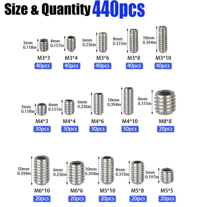 440-Piece Set of Set Screws M3 M4 M5 M6 M8 - for Furniture Cabinet Handles, Concealed Fasteners, Automotive Electronics