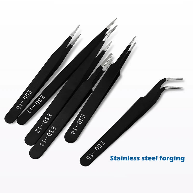 6 PCS Precision Tweezers Set ESD Anti-Static for Electronics Repair Straight Curved Industrial-Tweezer Craft Soldering Hand Tool