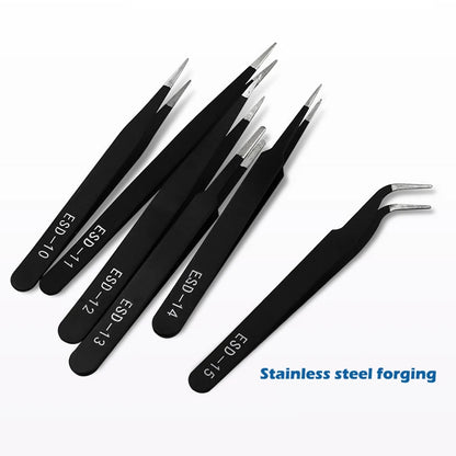 6 PCS Precision Tweezers Set ESD Anti-Static for Electronics Repair Straight Curved Industrial-Tweezer Craft Soldering Hand Tool