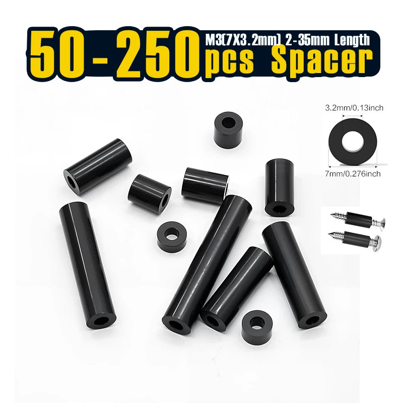 50-250 Pcs, Black Nylon Washers, 3.2mm ID 7mm OD 2-35mm Length Round Plastic Spacer Washer Standoff Non-Threaded for M3 Screws