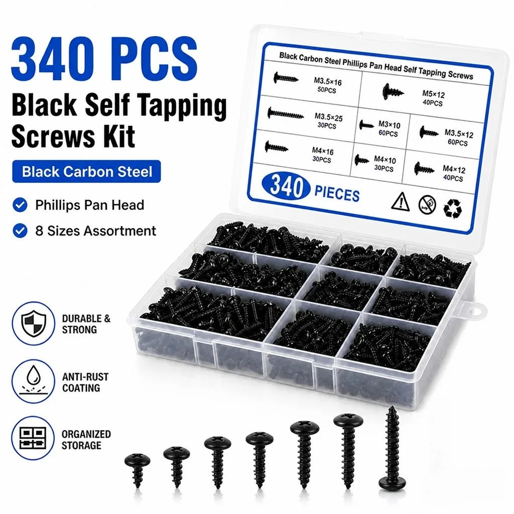 340Pcs Black Carbon Steel Self-Tapping Screw Assortment Kit Phillips Head Wood Screws Set M3 M3.5 M4 M5 Hardware Fasteners