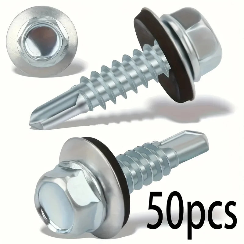 50 sets of heavy-duty stainless steel self-tapping screws - waterproof and rust-proof with washers, suitable for outdoor metal r