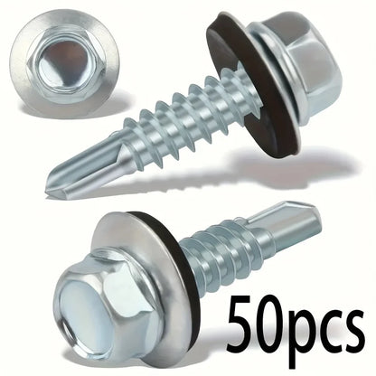 50 sets of heavy-duty stainless steel self-tapping screws - waterproof and rust-proof with washers, suitable for outdoor metal r