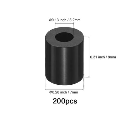 50-250 Pcs, Black Nylon Washers, 3.2mm ID 7mm OD 2-35mm Length Round Plastic Spacer Washer Standoff Non-Threaded for M3 Screws