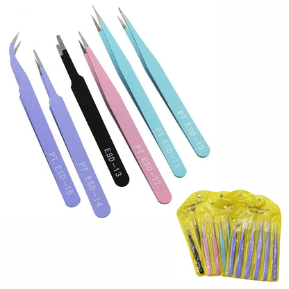 6 PCS Precision Tweezers Set ESD Anti-Static for Electronics Repair Straight Curved Industrial-Tweezer Craft Soldering Hand Tool