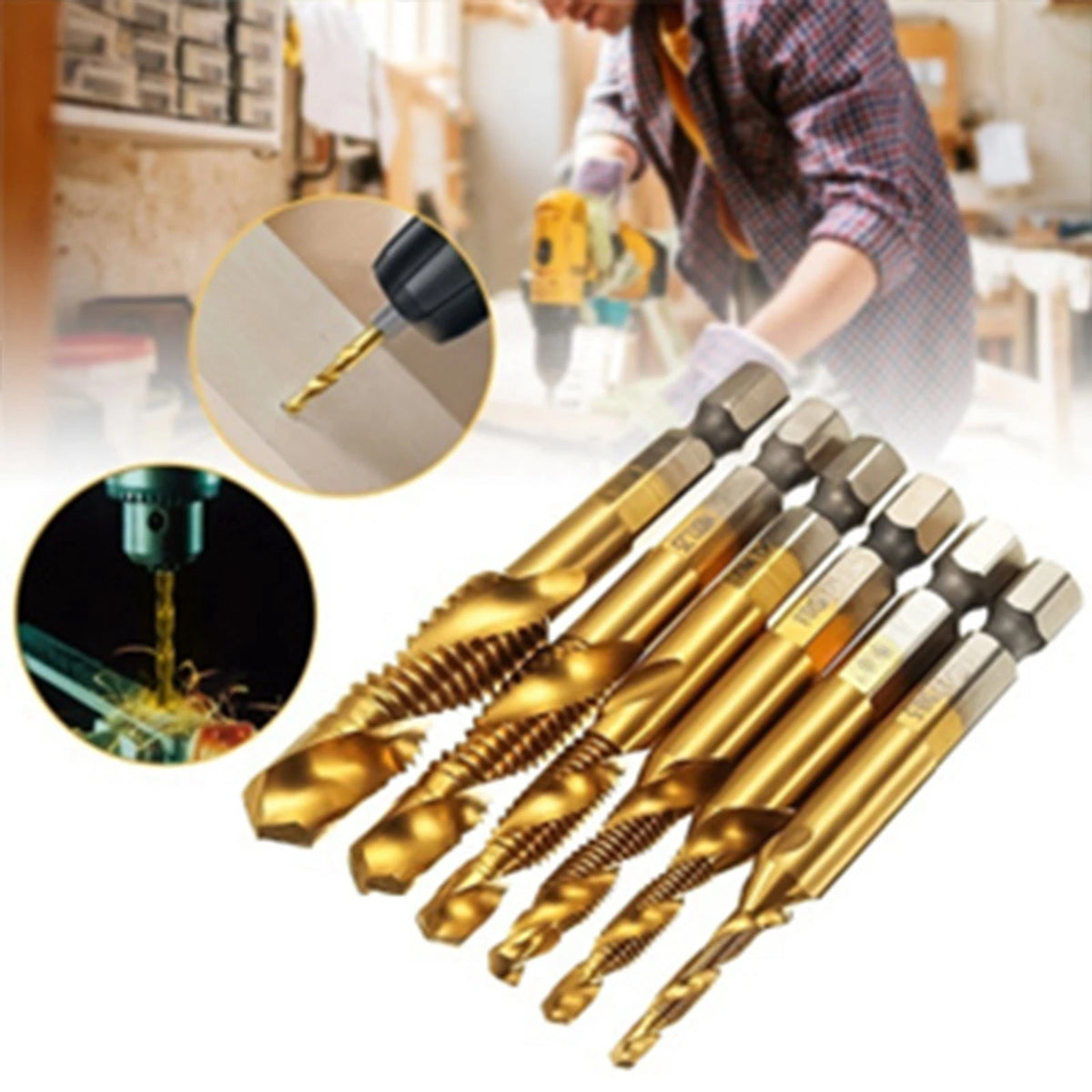 Metric Thread M3-M10 Titanium Coated HSS Drill and Tap Bits 1/4" Hex Shank Screw Taps Tool Set Thread Tap Tool Tapping Tool