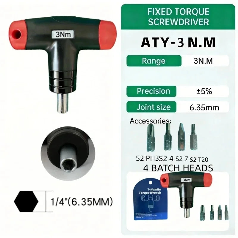 1-6Nm T-Handle Preset Torque Wrench Screwdriver Tool Compatible with Standard 1/4" Hex Bits 2Nm 4Nm 6Nm Safe and Fast Hex