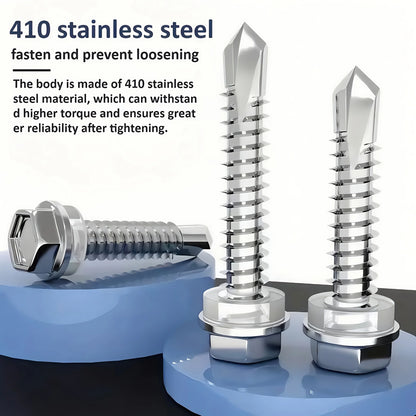 100pcs 410 Stainless Steel Magnetic Hex Washer Head TEK Self-Tapping Screws with Free Sockets - 5mm Coarse Thread, Full Thread R
