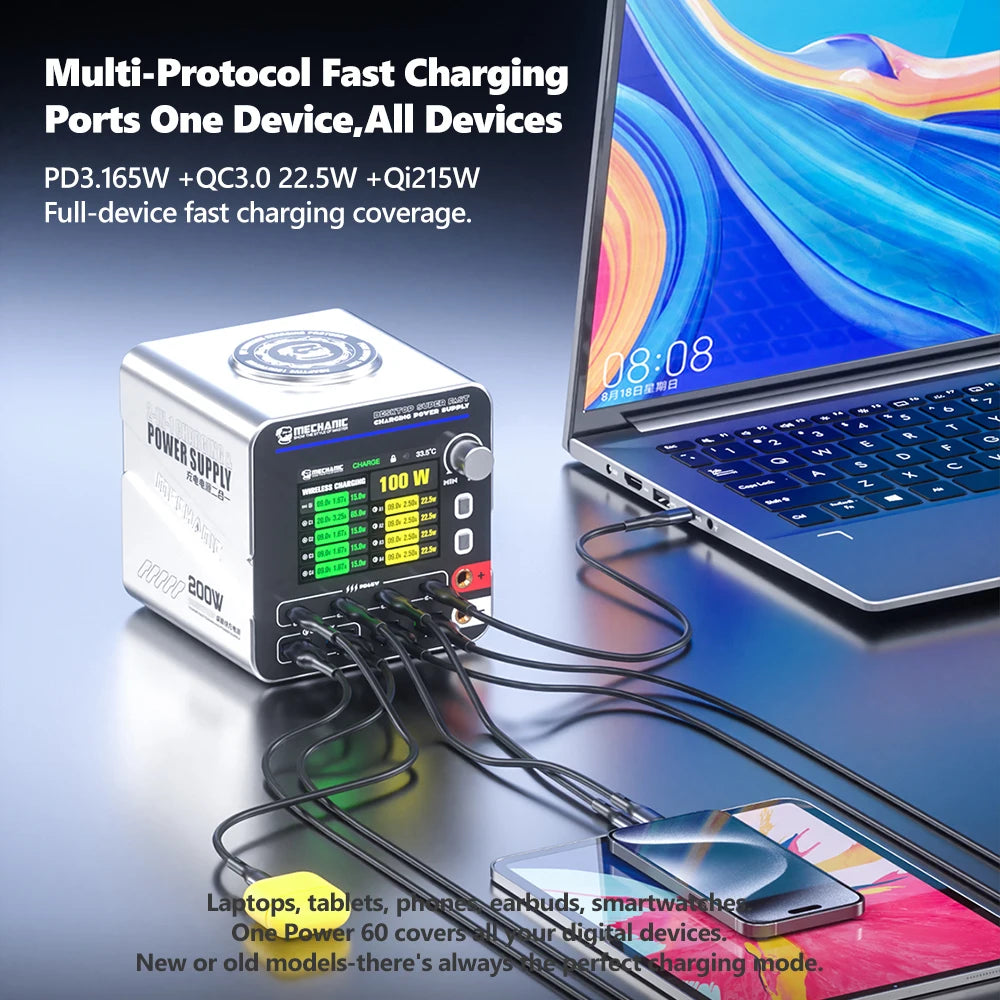 MECHANIC Power 200 Multi-Port Fast Charger+Adjustable Power Supply 200W for Smartphone Tablet Repair Fast Charging Testing Tools
