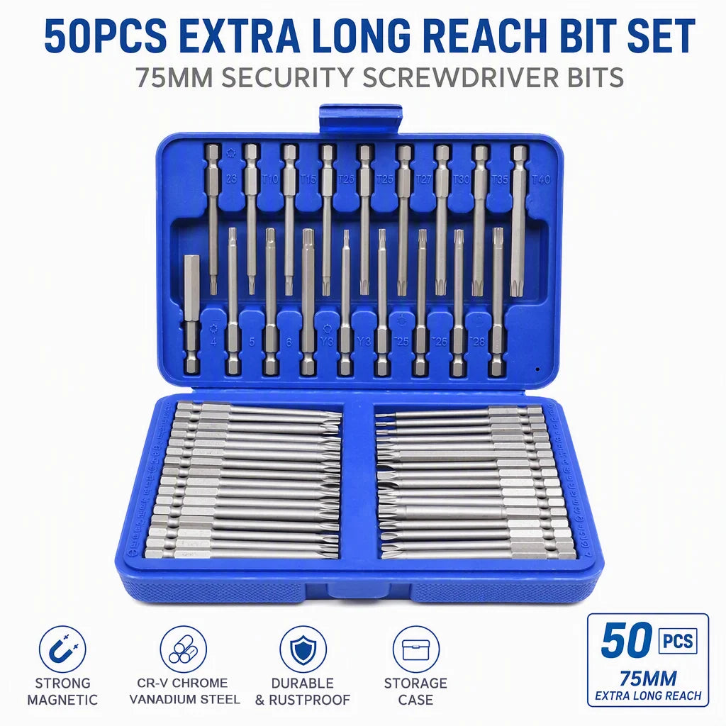 50Pcs 75mm Extra Long Reach Security Screwdriver Bit Set Magnetic Torx Star Hex Slotted Y‑U‑Type Bits with Hard Storage Case
