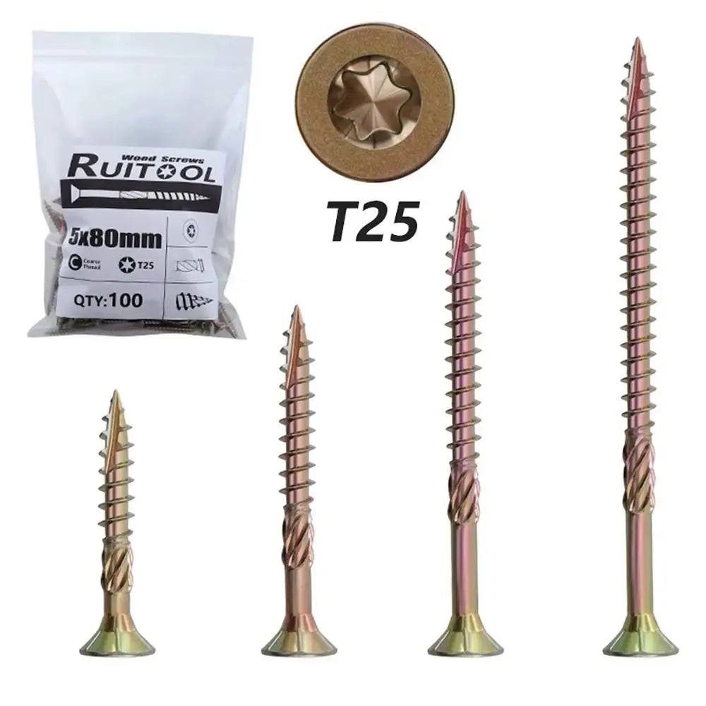 100Pcs/Pack 35mm 45mm 60mm 80mm Self-tapping Screw M5 Flat Head Torx T25 Screws Galvanized Woodworking Screws Hardware Tools